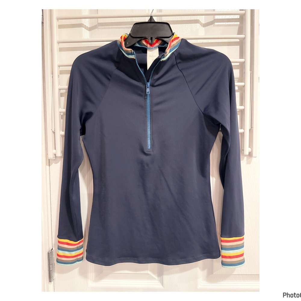 Boden Rainbow Trim Rash Guard Swim Top Long Sleeve Half Zip Womens Size 6